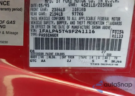 1995 Ford Mustang Gt/Gts из США, поврежденный, VIN 1FALP45T4SF241116